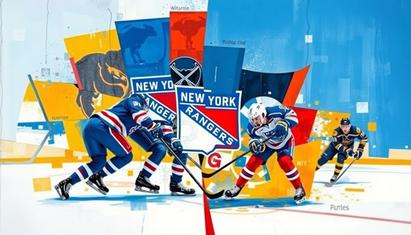 A cubist, geometric painting depicting a hockey game between the New York Rangers and Buffalo Sabres, with sharp, overlapping planes of blue, red, and gold representing the teams' uniforms and the dynamic action on the ice.