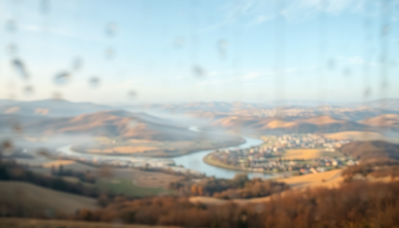 An abstract, impressionistic landscape scene with blurred, out-of-focus hills, a winding river, and a small town in the distance, rendered in warm, earthy tones, conceptually representing the serene and creative atmosphere of Johnson County's arts scene.