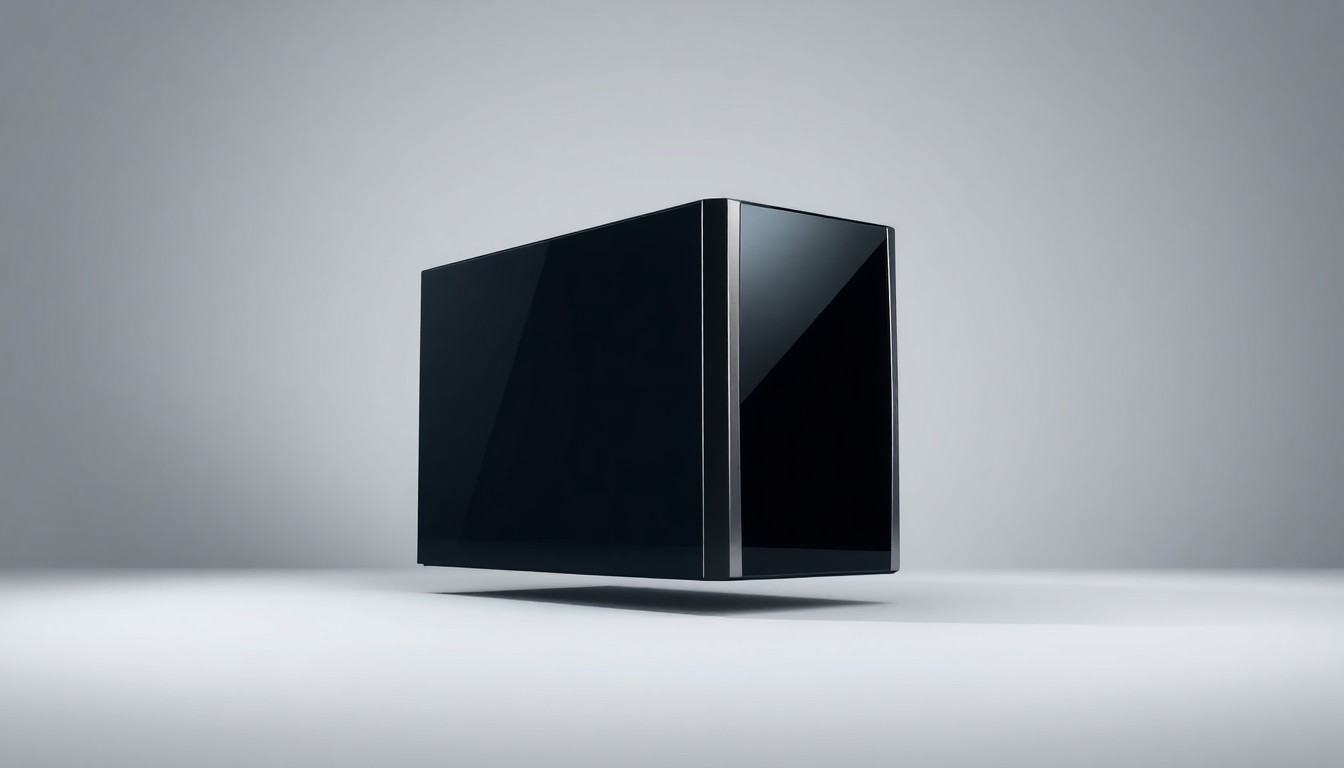A photorealistic studio shot of a polished, geometric data storage server or network switch made of sleek metal and glass, floating on a clean, monochromatic background with dramatic studio lighting casting deep shadows.