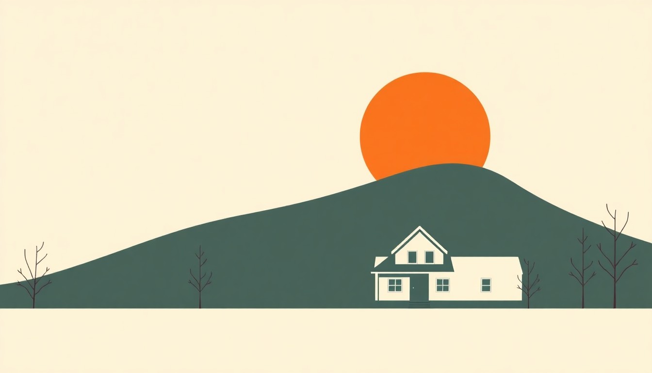 A minimalist illustration using bold geometric shapes and muted earth-toned colors to conceptually represent the impact of rising property taxes on local budgets in Vermont.