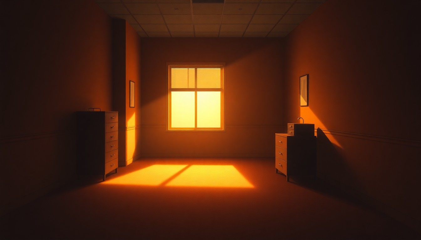 A dimly lit, cinematic painting of an empty government office desk or filing cabinet, with warm sunlight streaming in through a window and casting deep shadows across the scene, conveying a sense of quiet contemplation and the weight of bureaucratic decisions.