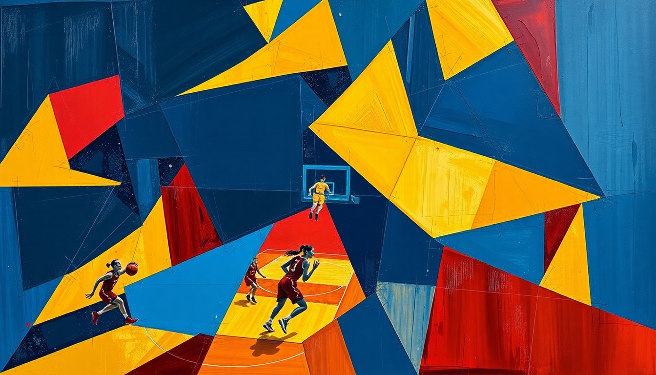 A fractured, multi-perspective painting in bold, overlapping geometric shapes and planes of navy blue, gold, and crimson, conceptually representing the strategic and athletic intensity of a women's basketball game.
