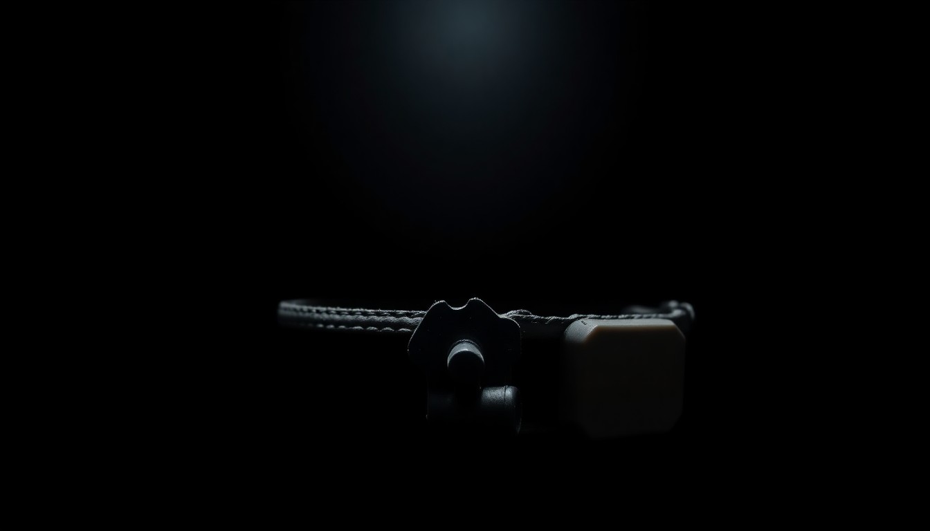 An extreme close-up photograph of a damaged wolf collar or tracking device, the metal and plastic components starkly illuminated against a pitch-black background, conceptually representing the violent incident that sparked public outrage.