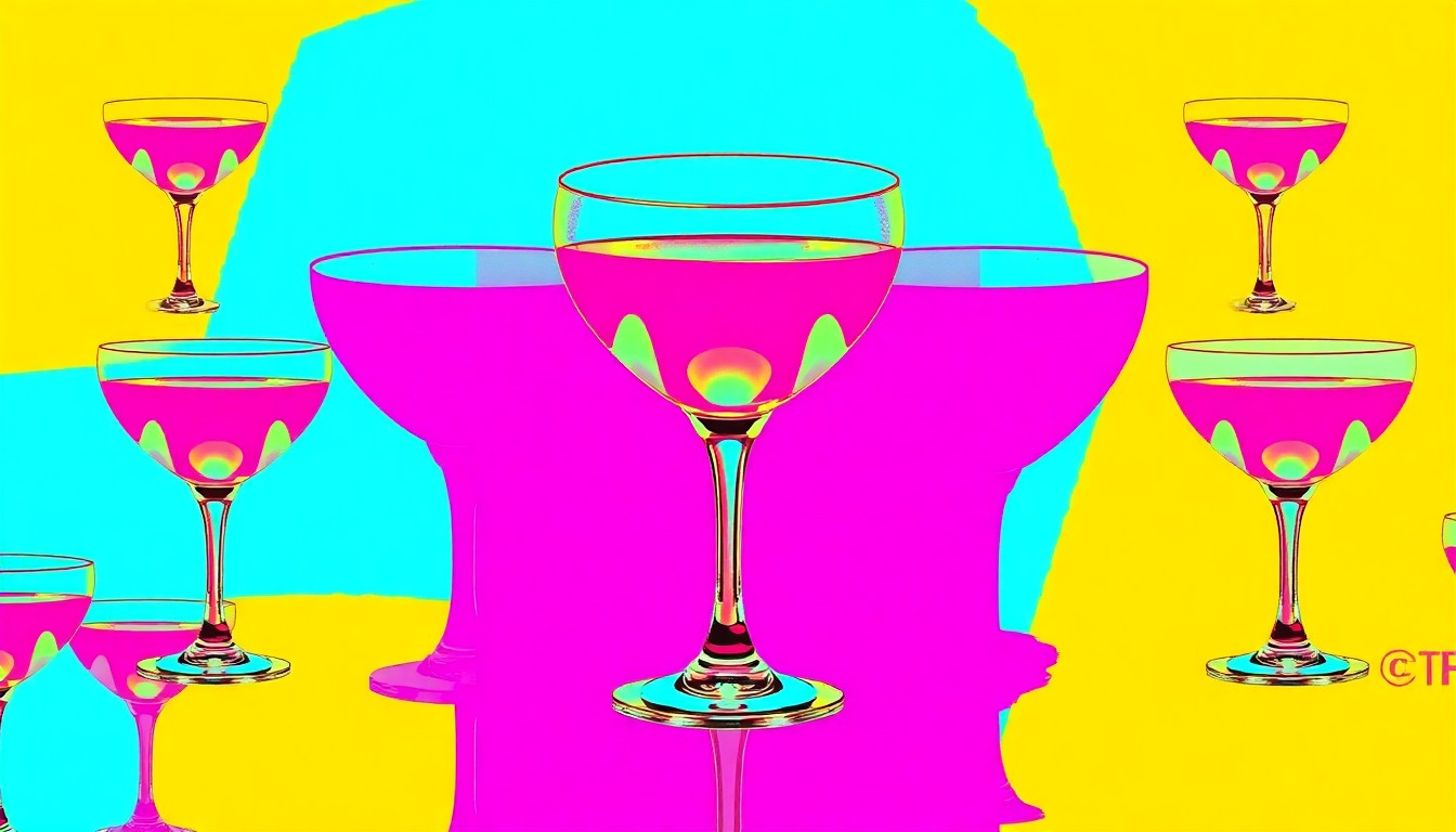 A high-contrast silkscreen print of a single cocktail glass repeated in a grid, rendered in bright neon colors and heavy black outlines, conceptually representing the prohibition-era theme and closure of a local bar.