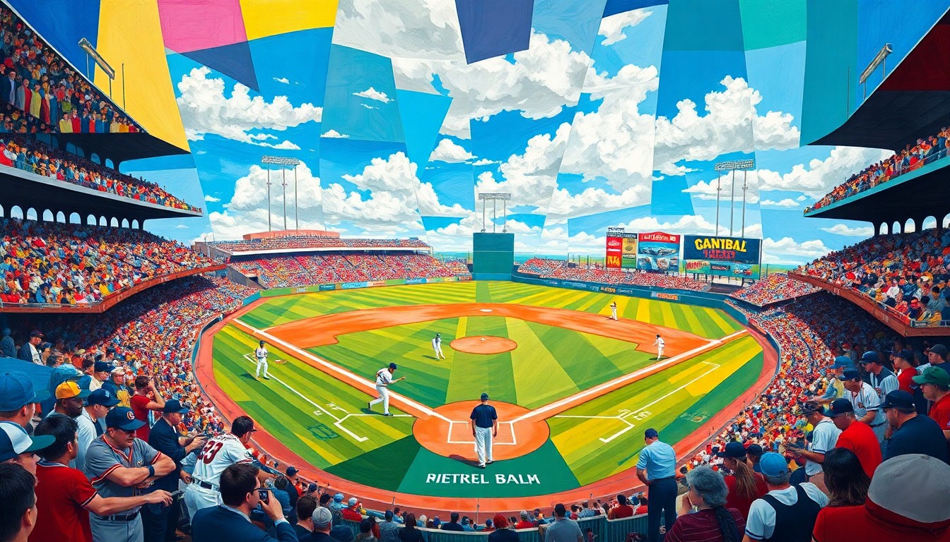 A cubist, geometric painting depicting the chaotic energy of a baseball game, with fragmented figures of players, umpires, and coaches overlapping in a vibrant, abstract composition.