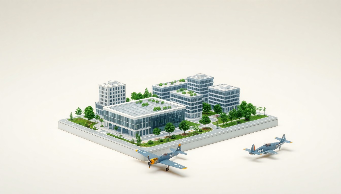 A high-end, photorealistic studio still-life photograph featuring a scale model of a modern mixed-use development with sleek, geometric buildings, lush greenery, and a miniature P-51 aircraft replica, all arranged elegantly on a clean, monochromatic background and using dramatic lighting to represent the scale and significance of the Sewart's Landing project.