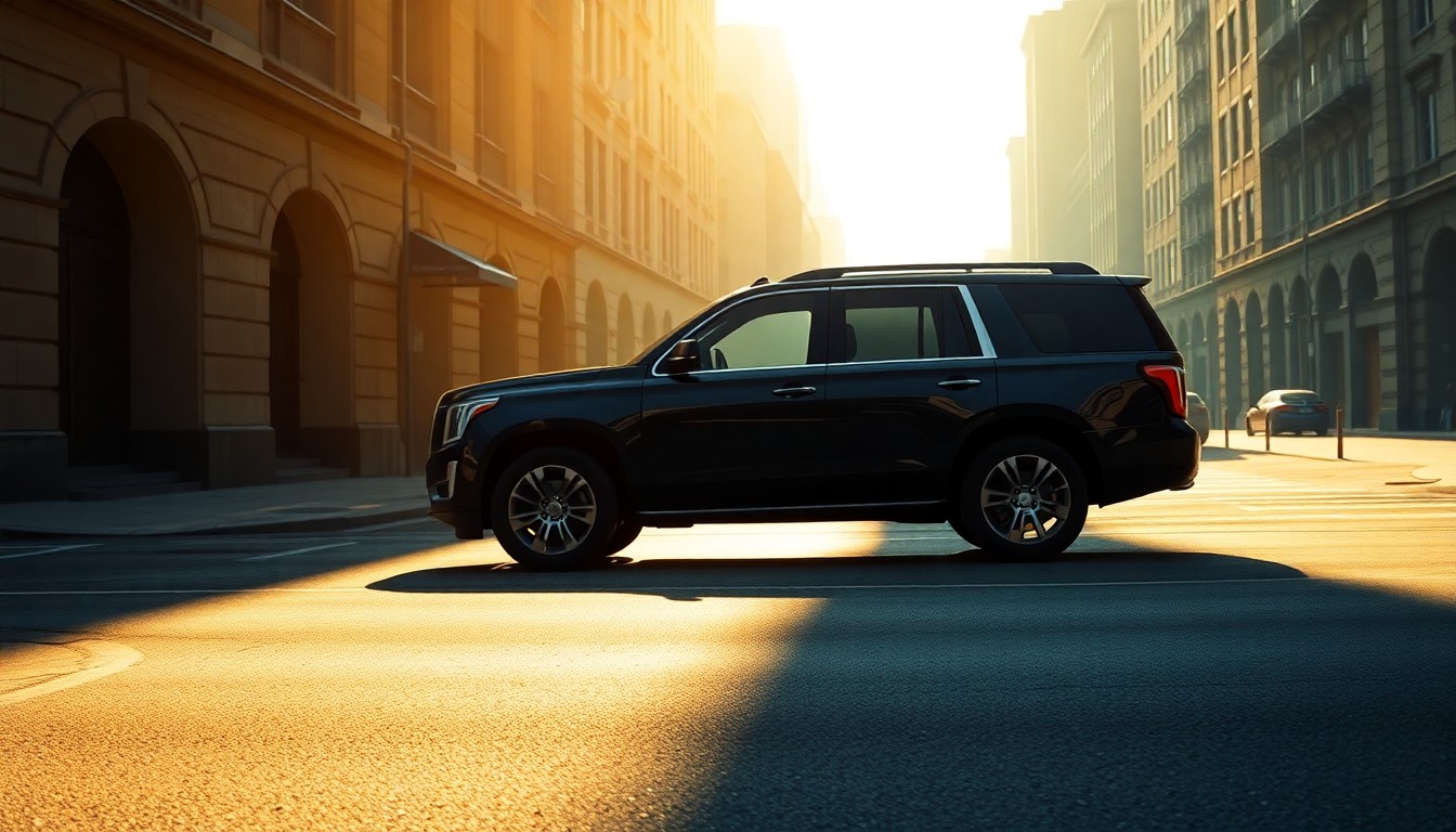 A photorealistic painting of a black SUV parked on a quiet, sun-dappled city street, conveying a sense of political power and nostalgia.