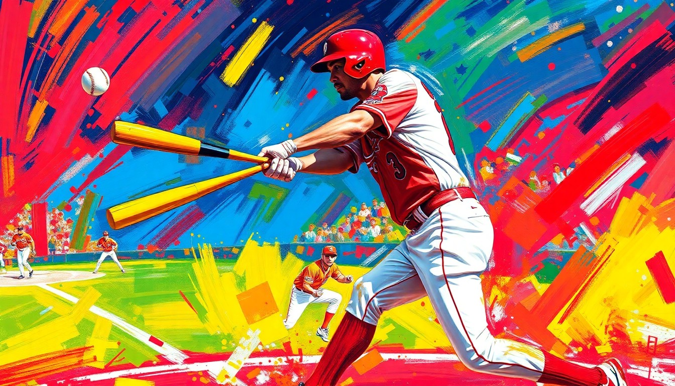 A vibrant, expressionist painting depicting the powerful swing and energy of a baseball player, with neon colors and rapid brushstrokes capturing the motion and intensity of the moment.