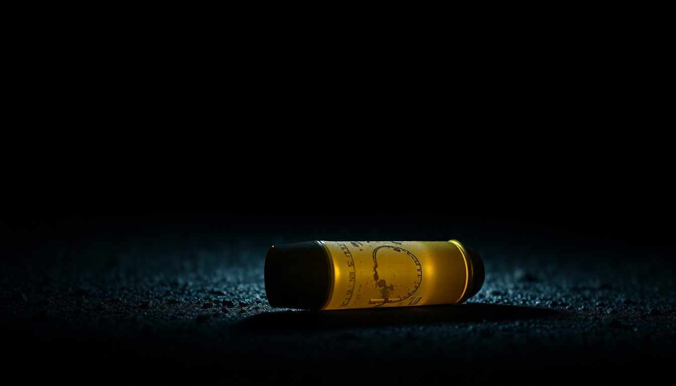 An extreme close-up photograph of a metallic shell casing on a dark surface, capturing the texture and details of the object in a stark, investigative style.