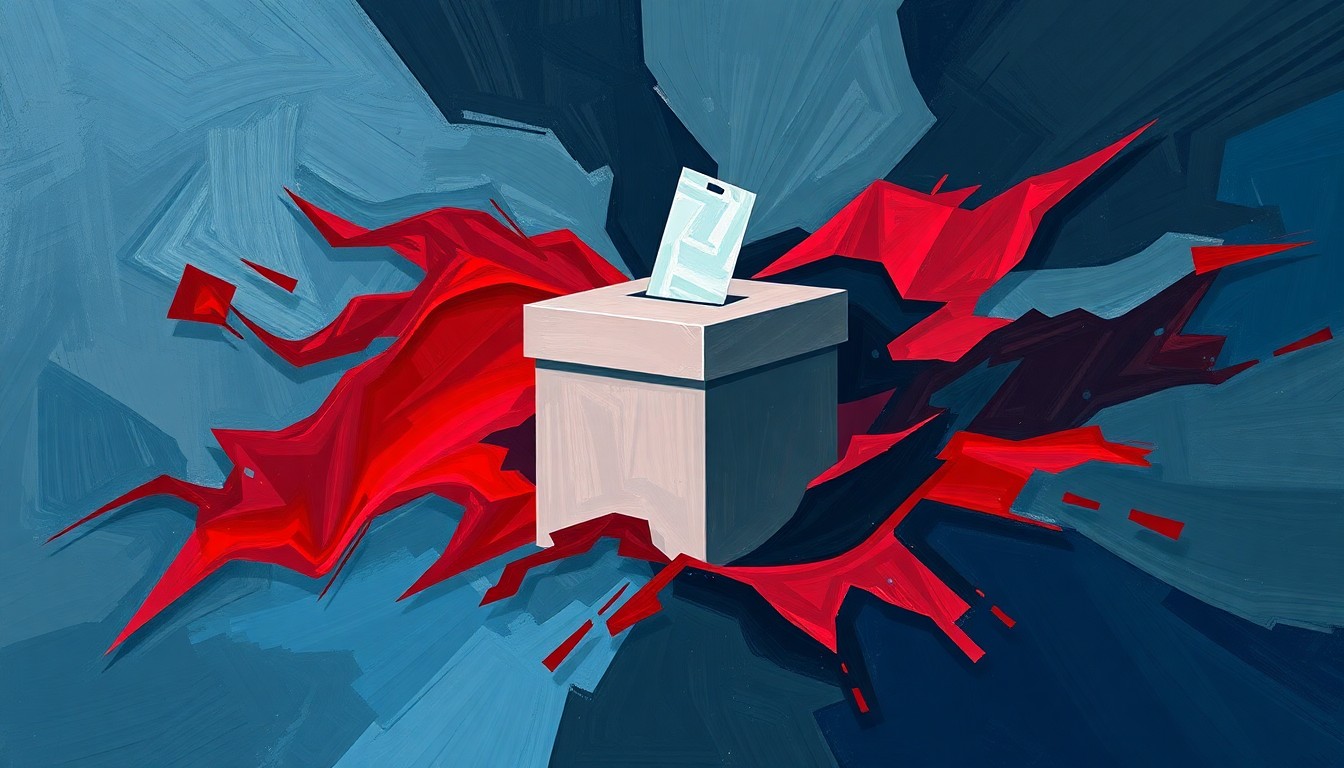 A vibrant, abstract painting depicting a ballot box in motion, with overlapping geometric shapes and waves of deep blue, charcoal gray, and crimson red, conveying a sense of tension and uncertainty around the election investigation.