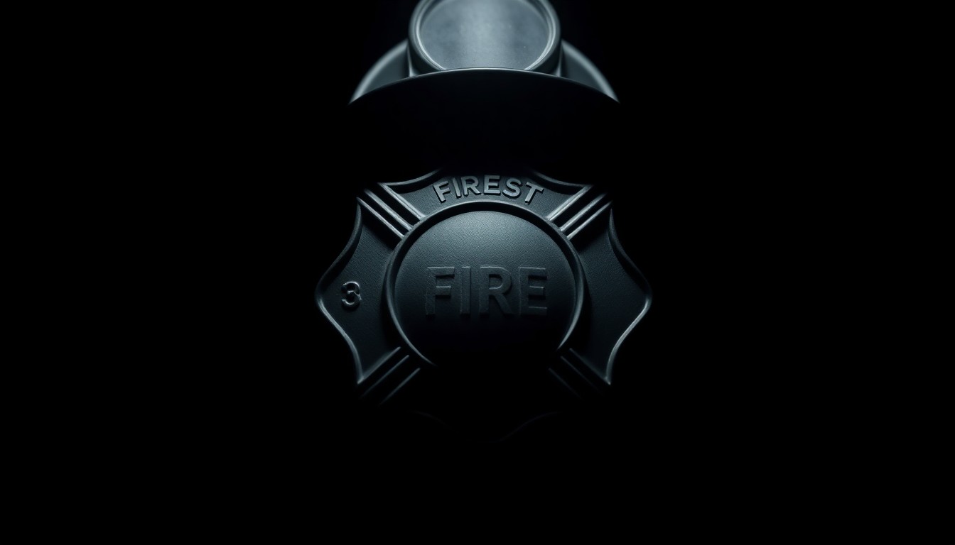 An extreme close-up photograph of a firefighter's badge or helmet, the harsh flash lighting creating dramatic shadows and textures that convey a sense of investigation and unresolved conflict.