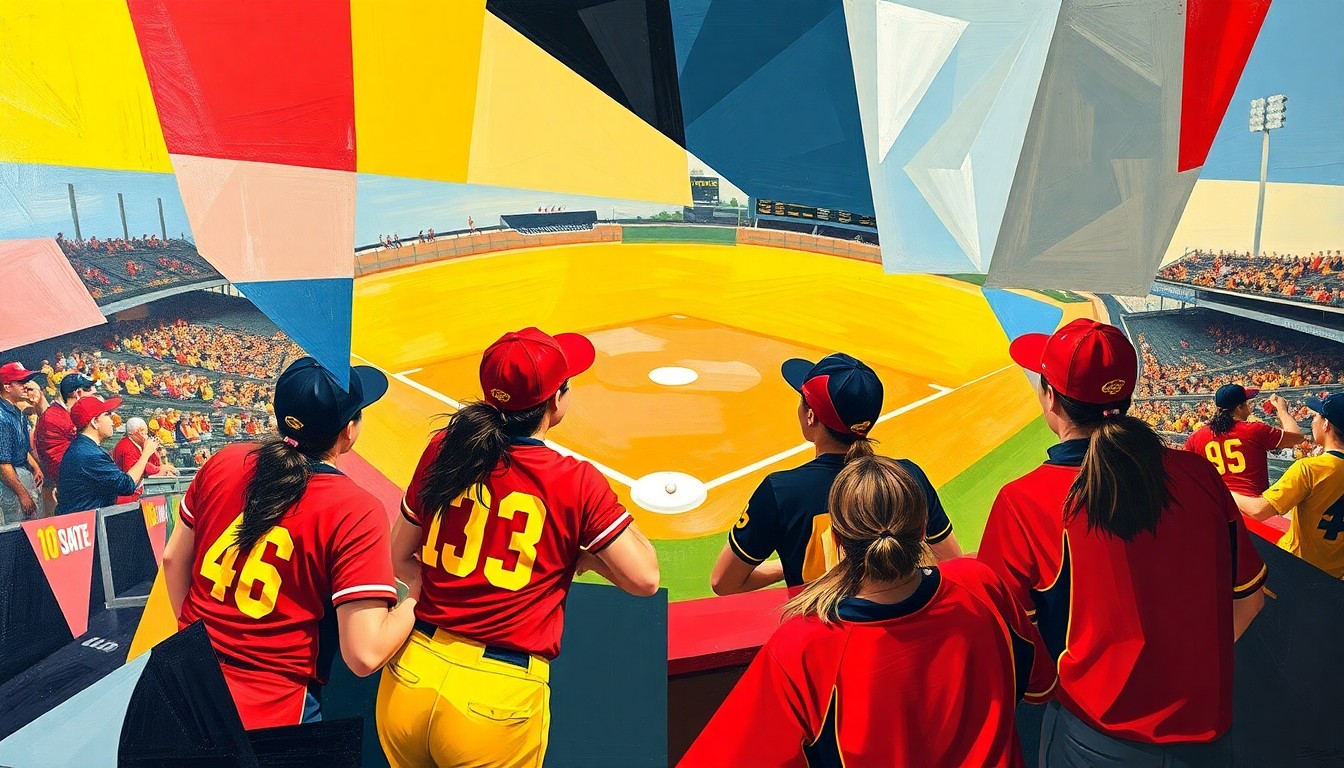 A fractured, multi-perspective painting in bold, vibrant colors depicting the action and energy of a softball game between the Iowa State Cyclones and Iowa Hawkeyes.