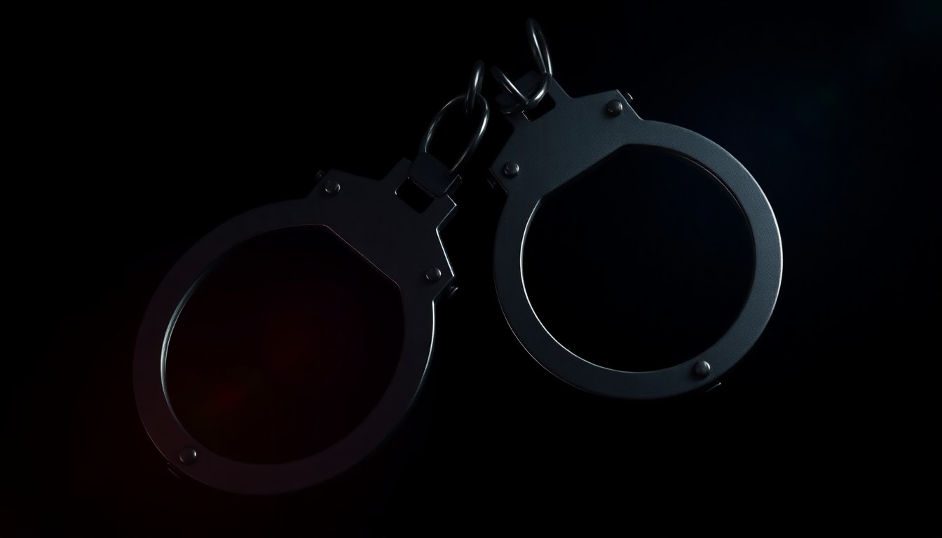 An extreme close-up photograph of a set of handcuffs against a pitch-black background, lit by a harsh, direct camera flash, conceptually representing the challenges faced by former prisoners reentering society.