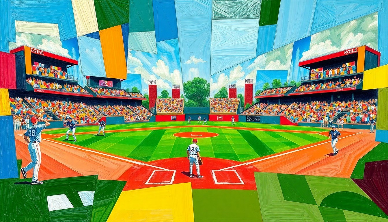 A cubist, geometric painting depicting the dynamic action of a high school baseball game, with overlapping planes of color and form representing the players, field, and crowd.