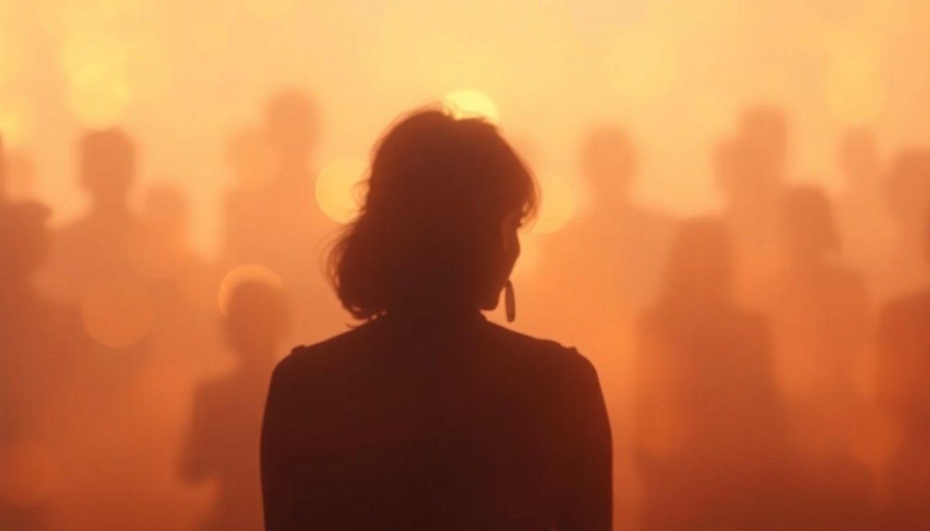A soft, impressionistic photograph in warm, muted tones depicting a woman's silhouette surrounded by blurred shapes and pools of light, conveying a sense of compassion, resilience, and community.