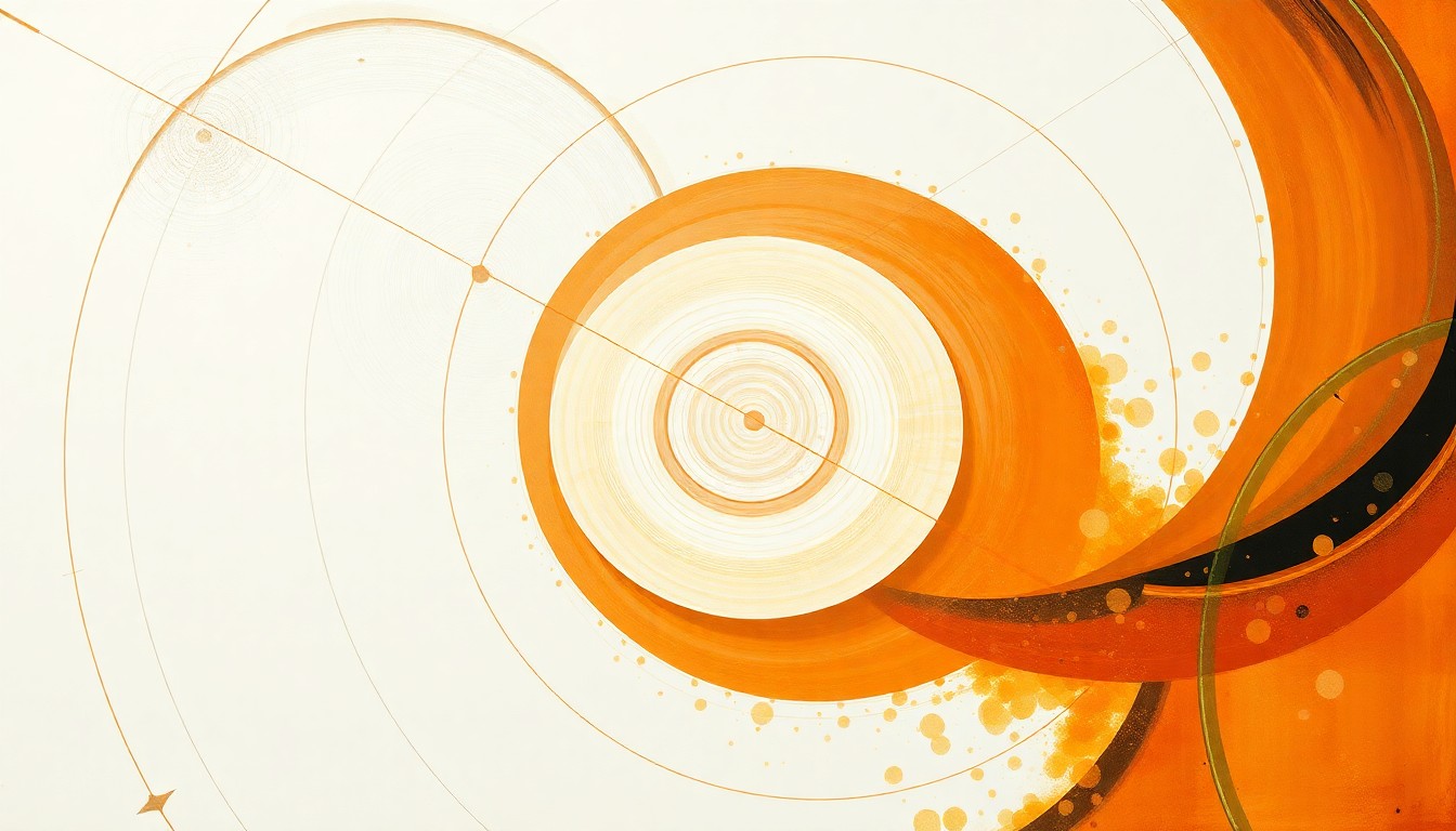 A highly textured, abstract painting featuring sweeping geometric arcs, concentric circles, and precise spirals in earthy tones of ochre, terracotta, and sage green, conceptually representing the complex scientific forces and concepts behind the momentum-engineered photonic states in silicon.