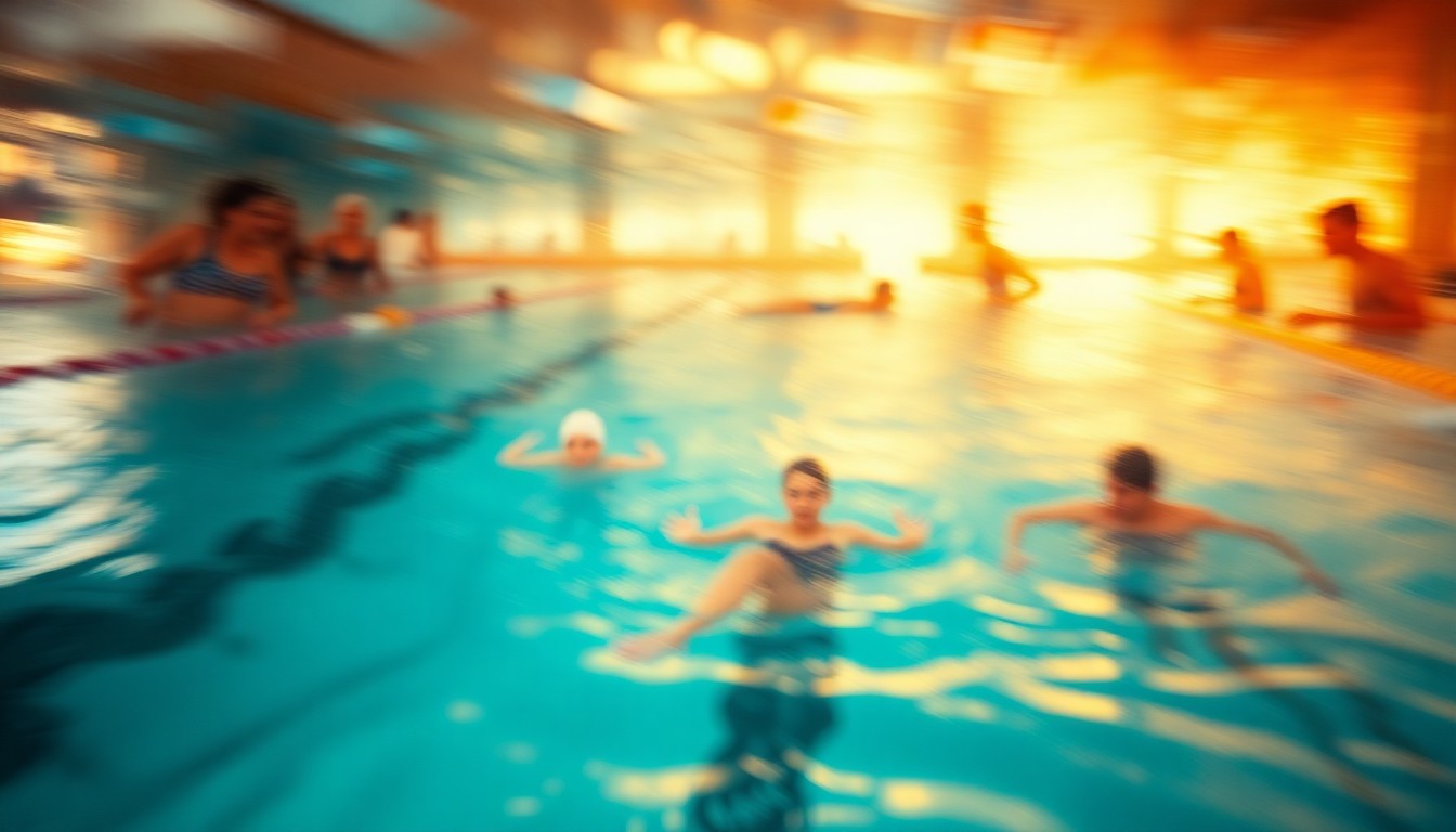 An abstract, impressionistic photograph of swimmers in a blurred, warm-toned pool, with the focus on the rippling water and reflections, capturing the mood and emotion of the story.