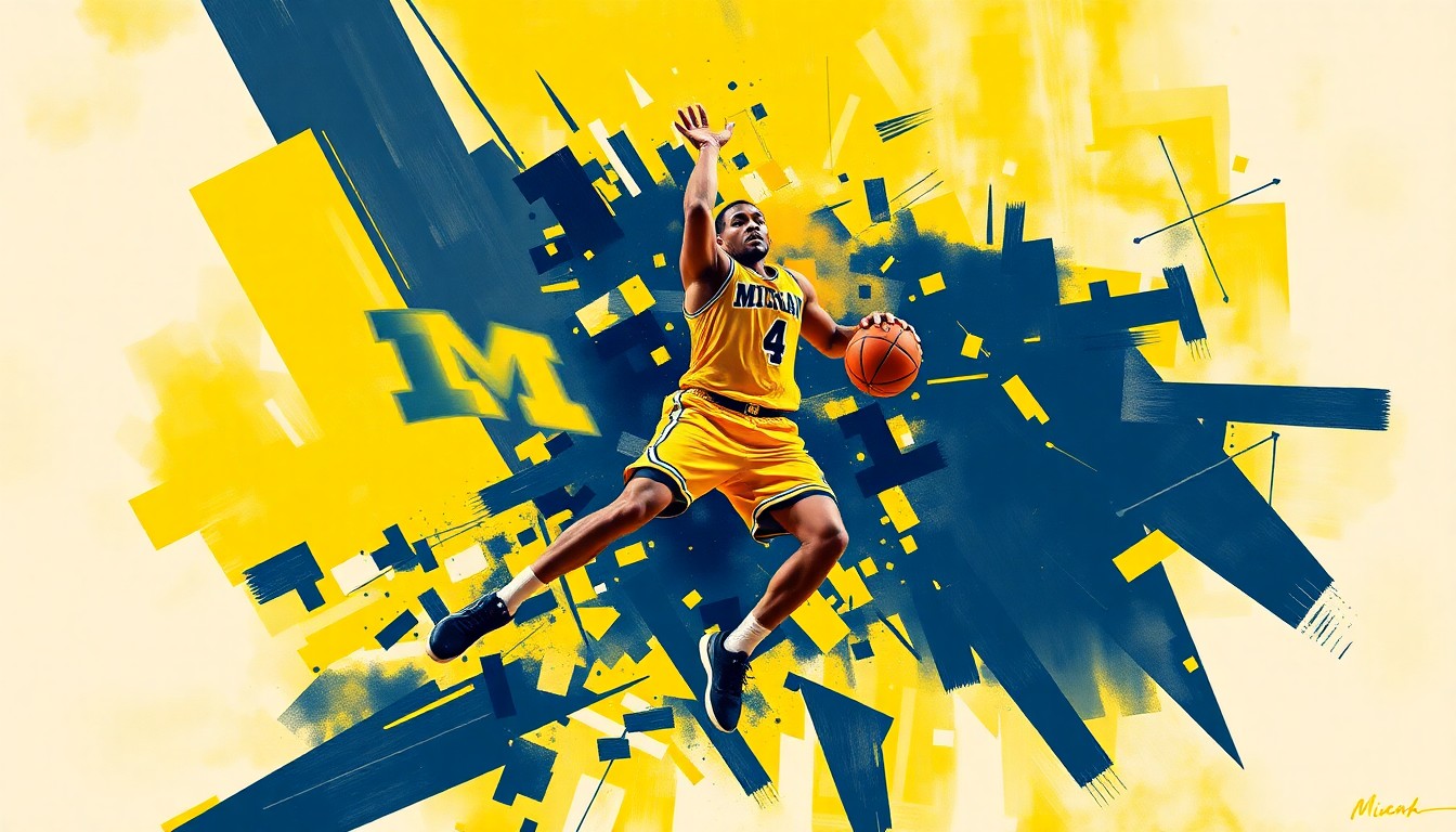 A cubist, geometric painting depicting the fragmented movements of a basketball player, rendered in the official colors of the University of Michigan.