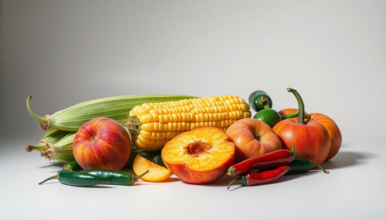 A high-end, photorealistic studio still life featuring an elegant arrangement of premium Colorado produce items like peaches, corn, and chiles, captured with dramatic lighting and deep shadows to symbolize the state's efforts to safeguard the integrity of its renowned agricultural products.