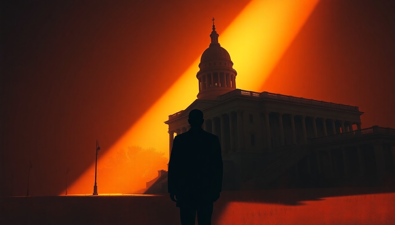 A cinematic painting of the U.S. Capitol building in warm, golden light, with deep shadows casting an air of solemnity and uncertainty over the iconic structure.