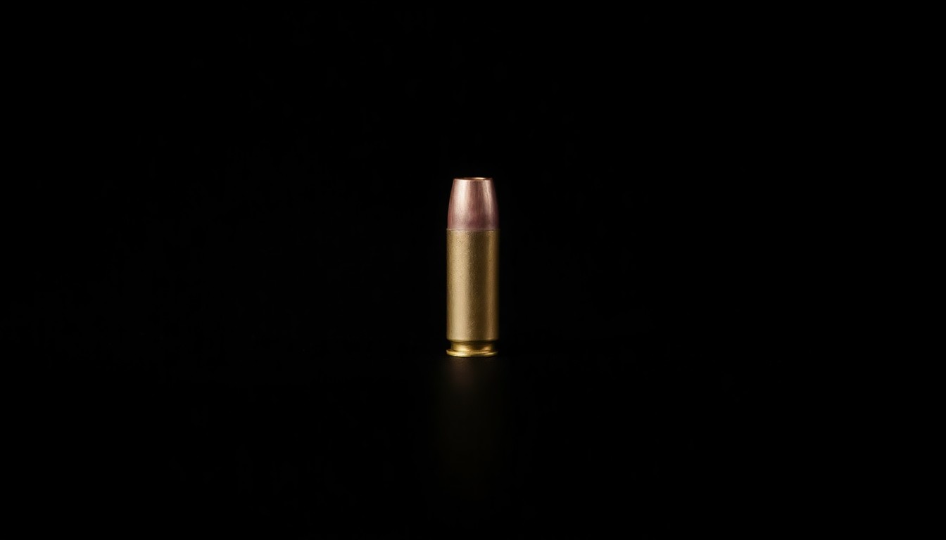 An extreme close-up photograph of a single bullet casing on a plain black background, lit by a harsh, direct camera flash, conceptually illustrating the threat of a firearm on a school campus.