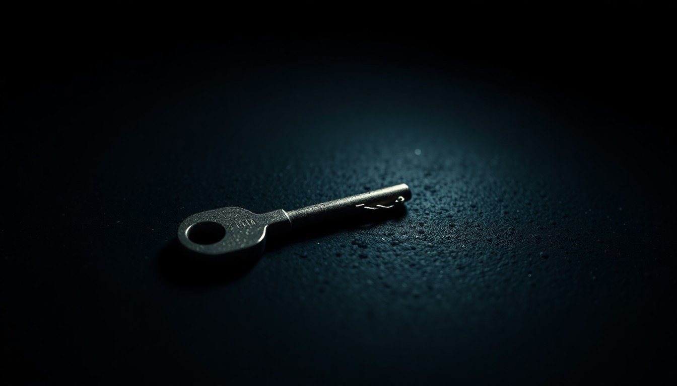 An extreme close-up photograph of a small boat key lying on a dark, textured surface, lit by a harsh, direct camera flash, conceptually representing the investigation into a mysterious disappearance at sea.