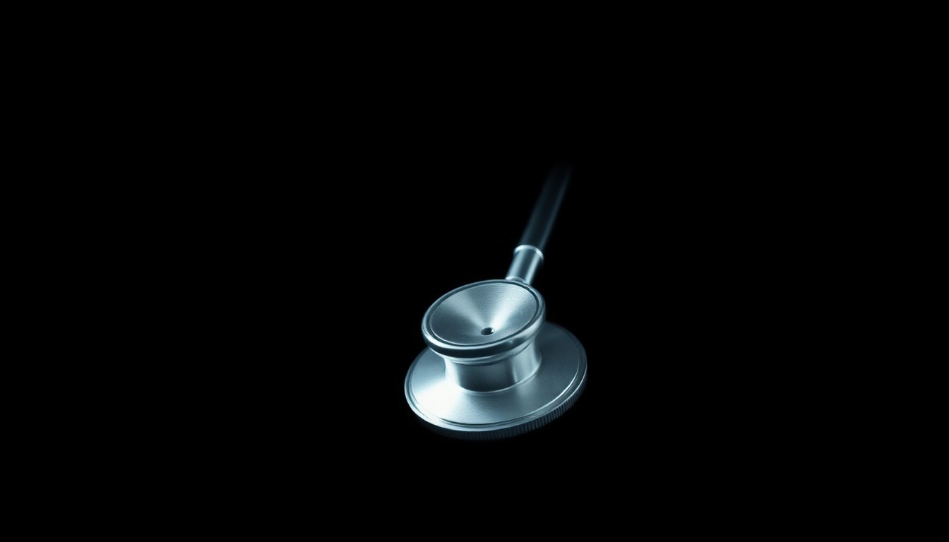 An extreme close-up photograph of a medical stethoscoscope against a stark black background, the harsh flash creating dramatic shadows and textures that evoke a sense of violation and the abuse of medical authority.