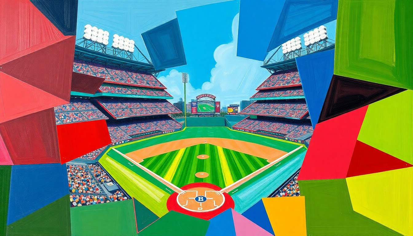A cubist, geometric painting depicting a baseball game in motion, with overlapping shapes and planes of color representing the players, field, and action.