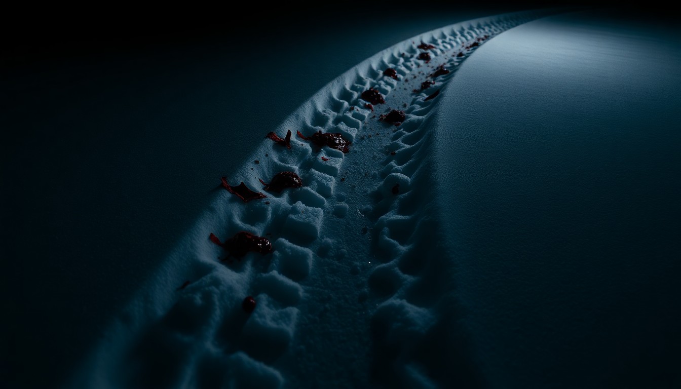 An extreme close-up of a snowmobile track in the snow, partially obscured by fur and blood, creating a stark, gritty visual metaphor for the harm done to a protected wolf.