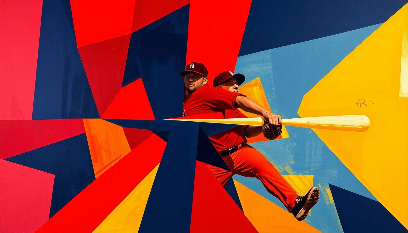 A fragmented, geometric painting depicting the dynamic motion and energy of a baseball pitcher in the midst of delivering a pitch, with sharp planes of color and form capturing the raw intensity of the moment.