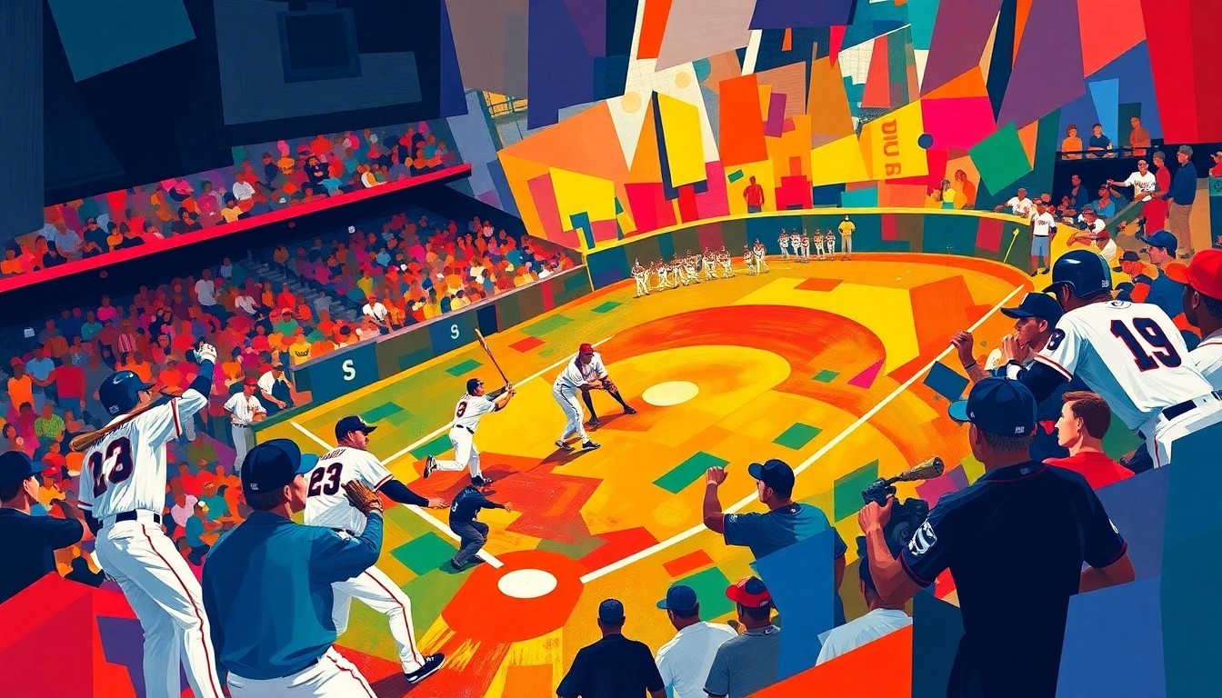 A fractured, multi-perspective painting in vibrant colors, breaking down the chaotic start of the baseball game into sharp, overlapping geometric planes to capture the unprecedented scoring without hits.