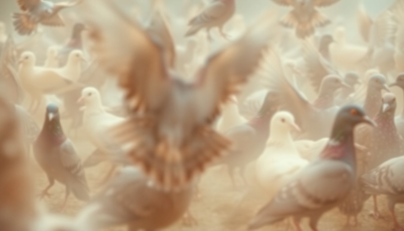 An abstract, out-of-focus photograph showing a flock of pigeons in soft, warm tones, conveying the mood and emotion of the story through a conceptual visual metaphor.