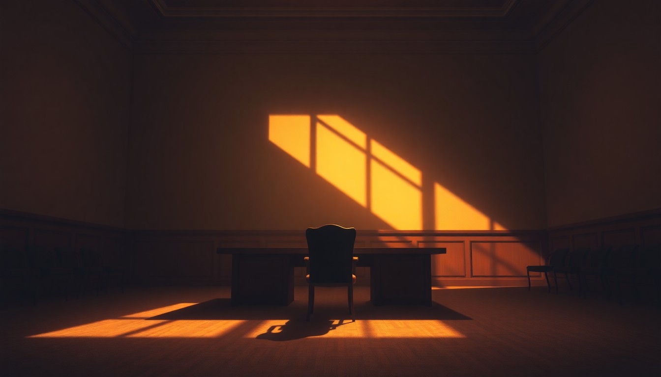 A serene, cinematic painting of an empty government meeting room with warm lighting and deep shadows, conveying a sense of contemplation and the importance of maintaining order in public spaces.