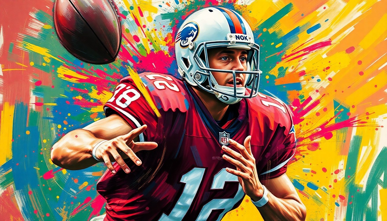 An abstract, energetic painting in neon colors depicting the fluid motion and power of a football quarterback, with the player's features obscured in a blur of expressive brushstrokes.