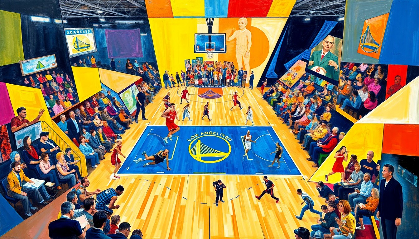 A cubist, geometric painting depicting a basketball game between the Los Angeles Lakers and Golden State Warriors, with the players and court rendered in sharp, overlapping planes of color and shape, capturing the dynamic energy and competitive spirit of the matchup.