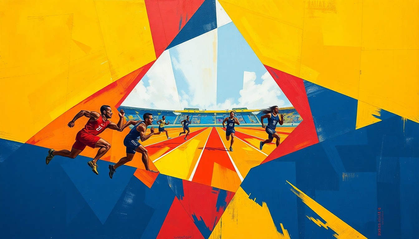 A cubist-style painting depicting a track and field competition, with overlapping geometric shapes in vibrant colors representing the dynamic movements and energy of the athletes.