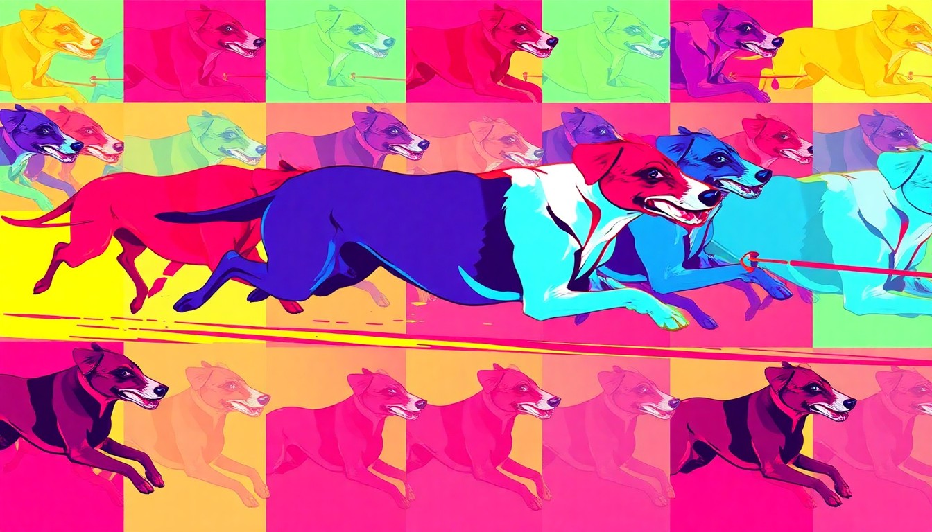 A brightly colored, high-contrast silkscreen print of a running dog chasing a mechanical lure, repeated in a tight grid pattern, capturing the energy and excitement of the Fast CAT dog racing event.