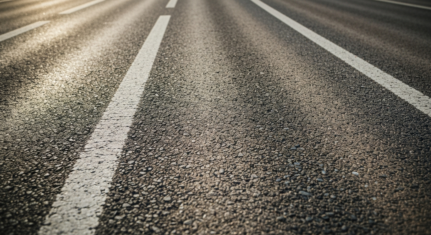 An extreme close-up photograph of rough, pebbled asphalt road surface in muted earth tones, conveying the materiality and texture of infrastructure in need of upgrades.