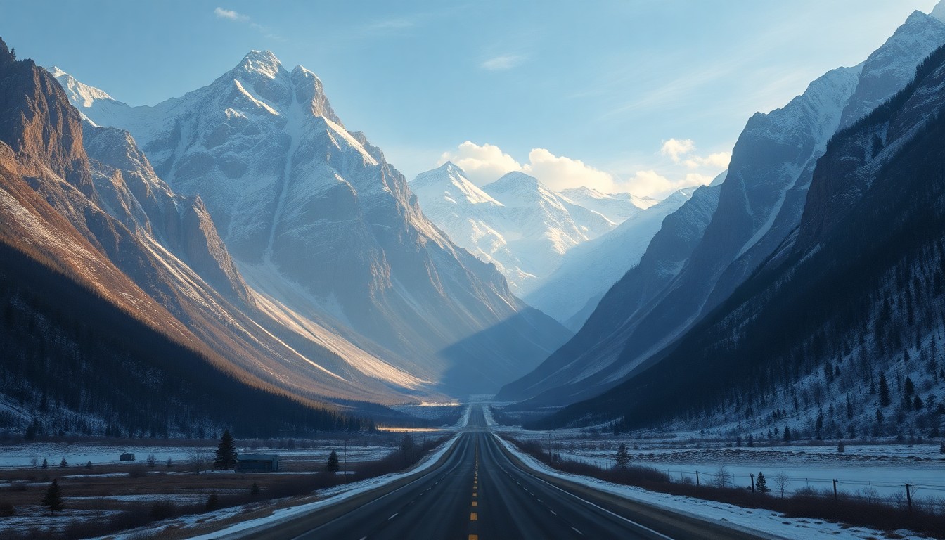A vast, majestic landscape painting depicting the towering, snow-capped peaks of the Colorado Rockies under a dramatic, moody sky. The Eisenhower-Johnson Memorial Tunnel is barely visible in the distance, dwarfed by the overwhelming scale of the natural environment.