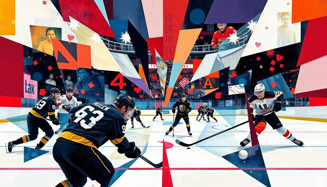 A fractured, multi-perspective painting in vibrant colors depicting the dynamic action of a hockey game, with the players and the ice surface broken down into sharp, overlapping geometric shapes and planes.