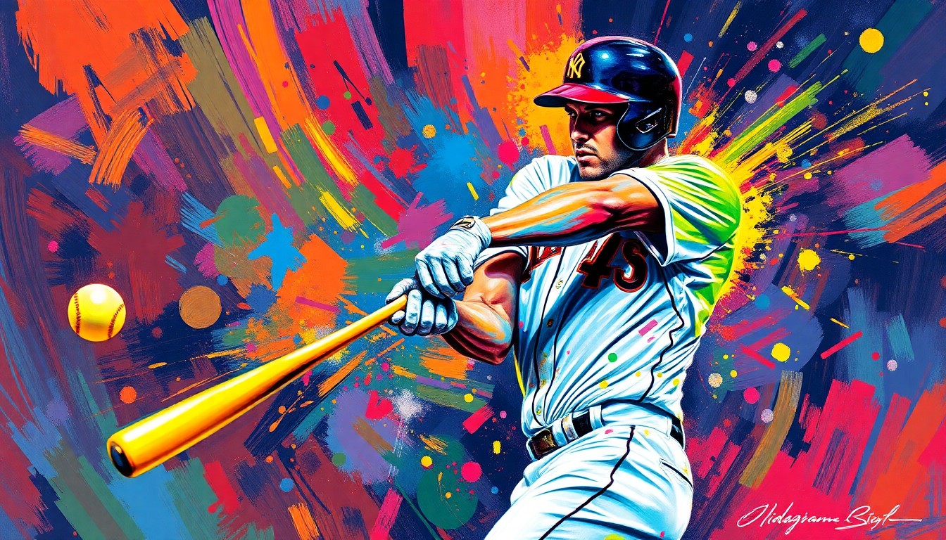An extreme close-up of a baseball player's explosive swing, with rapid brushstrokes in neon colors capturing the raw energy and power of the moment as the ball leaves the bat.