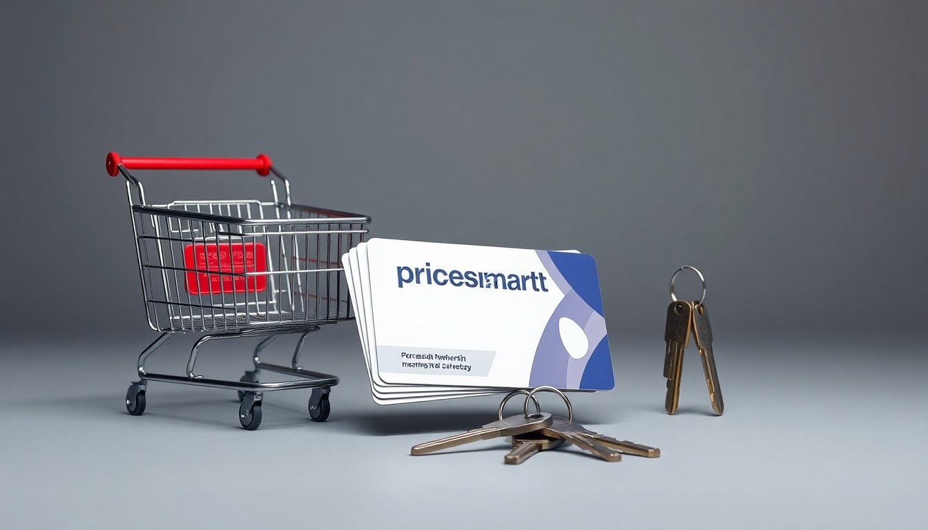 A high-end, photorealistic studio still-life featuring a stack of PriceSmart membership cards, a metal shopping cart, and a set of keys on a clean, monochromatic grey background, conceptually representing the company's global retail strategy.