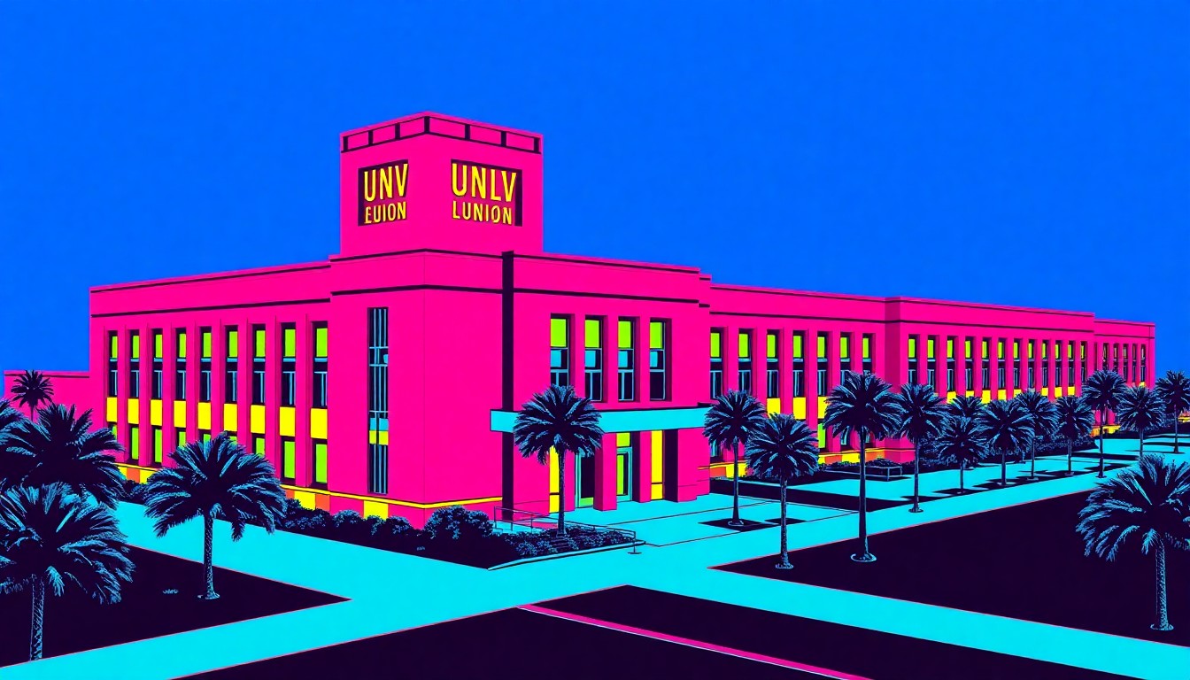 A bold, colorful silkscreen print featuring a repeated image of an iconic UNLV campus building, such as the Student Union, rendered in a high-contrast, pop art style with vibrant neon colors and heavy black outlines, conceptually representing the university's plans for an expansive new North campus.