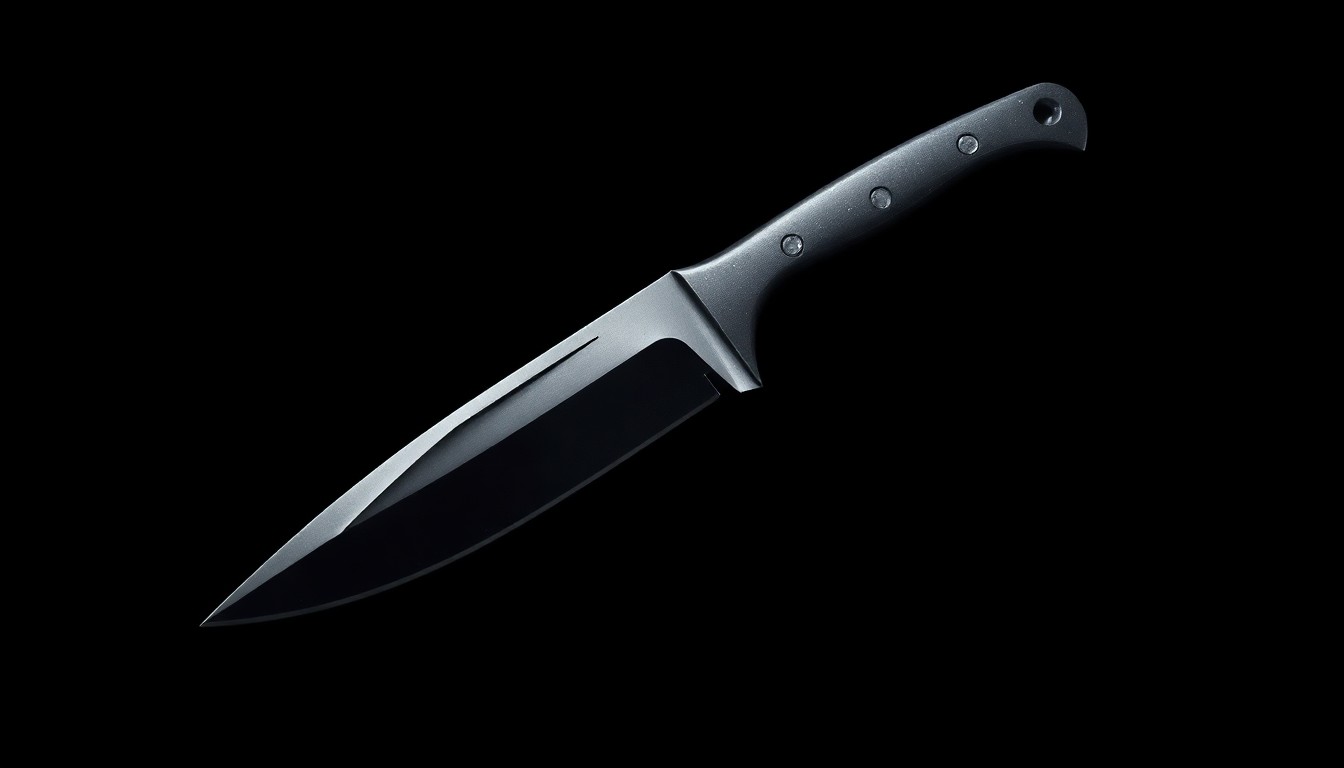 An extreme close-up photograph of a single throwing knife against a pitch-black background, lit by a harsh, direct camera flash, creating a stark, gritty, investigative aesthetic.