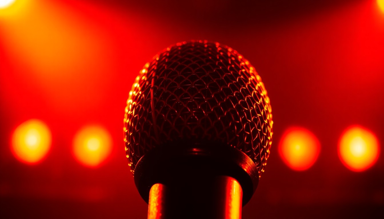 An abstract close-up photograph of a metallic microphone grill, capturing the dramatic lighting and high-energy texture of a live musical performance.