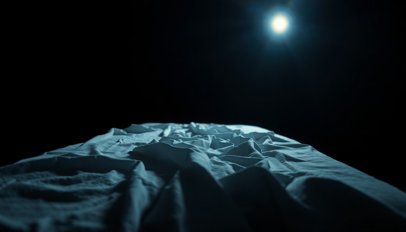 An extreme close-up photograph of a massage table with crumpled sheets, lit by a harsh, direct camera flash against a pitch-black background, conceptually illustrating the serious nature of the allegations against the massage therapist.