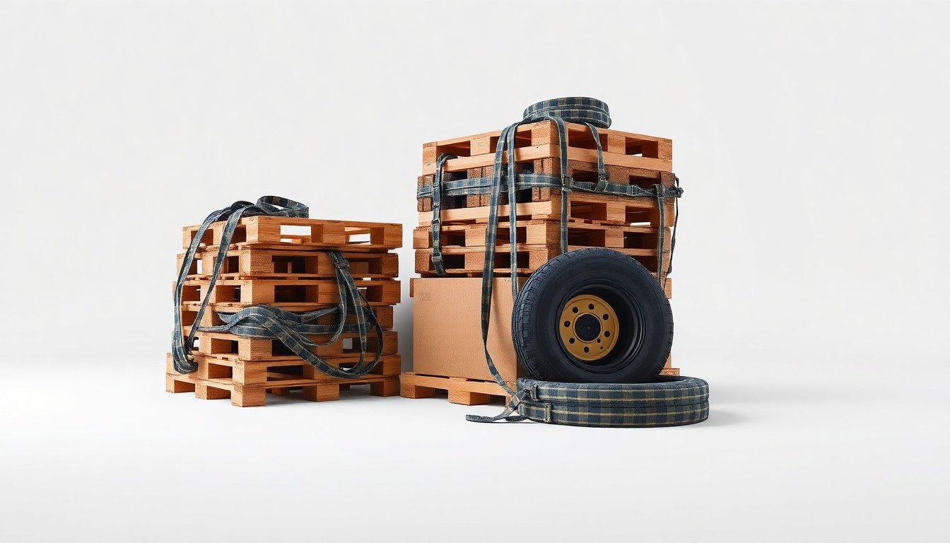 A photorealistic studio still life featuring a stack of shipping pallets, a tangle of freight straps, and a single truck tire on a clean, monochromatic background, conceptually representing the physical assets and logistics of the LTL freight business.