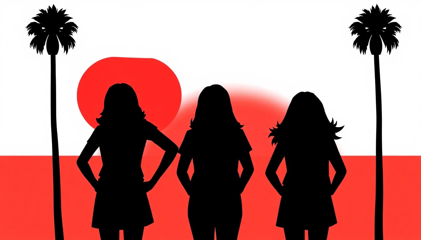 A bold, abstract composition of jagged geometric shapes in red, white, and black, conceptually representing the iconic Girl Scout uniform and the glamorous Beverly Hills setting of the 'Troop Beverly Hills' story.