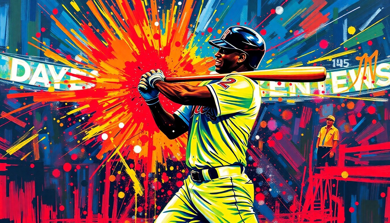 An explosive, expressionist painting in vibrant neon colors capturing the energy and emotion of Hank Aaron's historic 715th home run, with the batter's form dissolving into abstract brushstrokes.