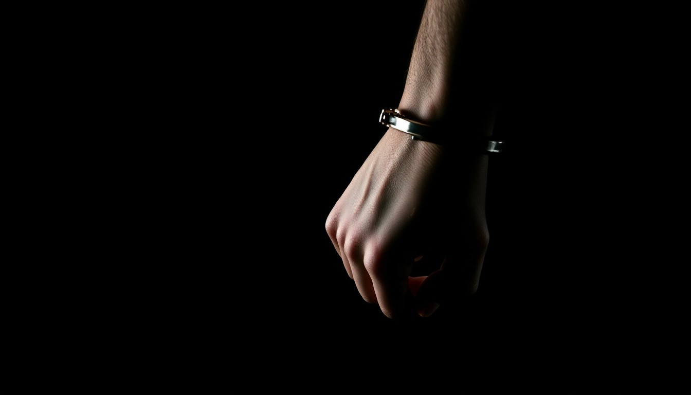 An extreme close-up of a handcuffed wrist against a dark background, conceptually illustrating the legal consequences of a violent crime.